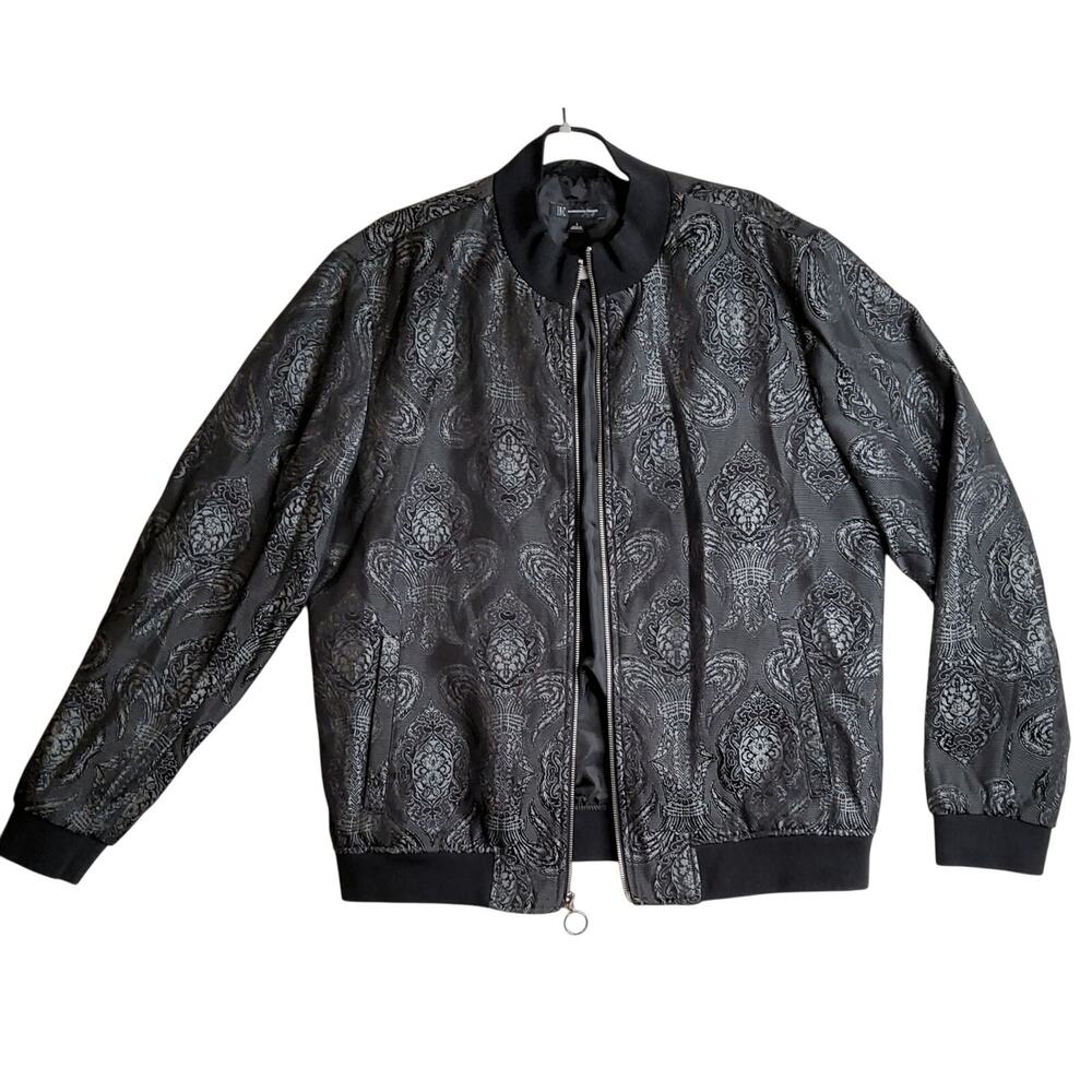 INC International Men L Black n metalic gray Tapestry feel bomber jacket. Flaw!